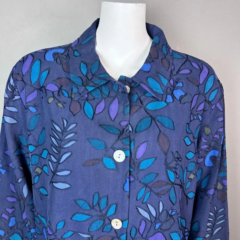 Chico's Design top Size XL Oversized relaxed art to wear embroidery nature silk